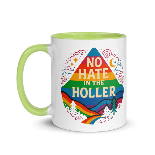 No Hate in the Holler Coffee Mug (Green Accent 11oz) - Rainbow Mountain LGBTQ+ Pride Design