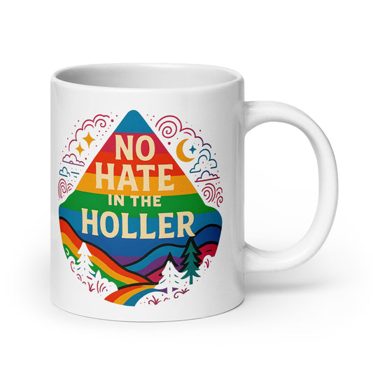 No Hate in the Holler Coffee Mug (White 20 oz)- Rainbow Mountain LGBTQ+ Pride Design