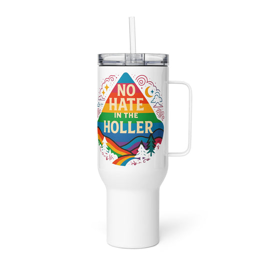 No Hate in the Holler Travel Mug - Rainbow Mountain LGBTQ+ Pride Design
