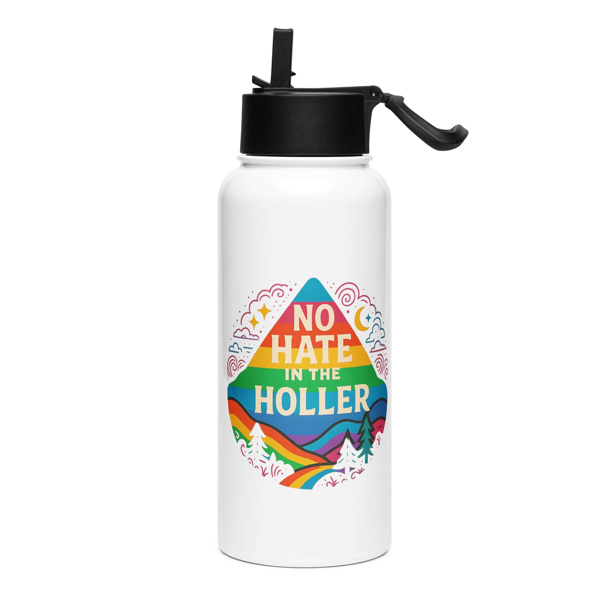 No Hate in the Holler Water Bottle – Rainbow Mountain LGBTQ+ Pride Design